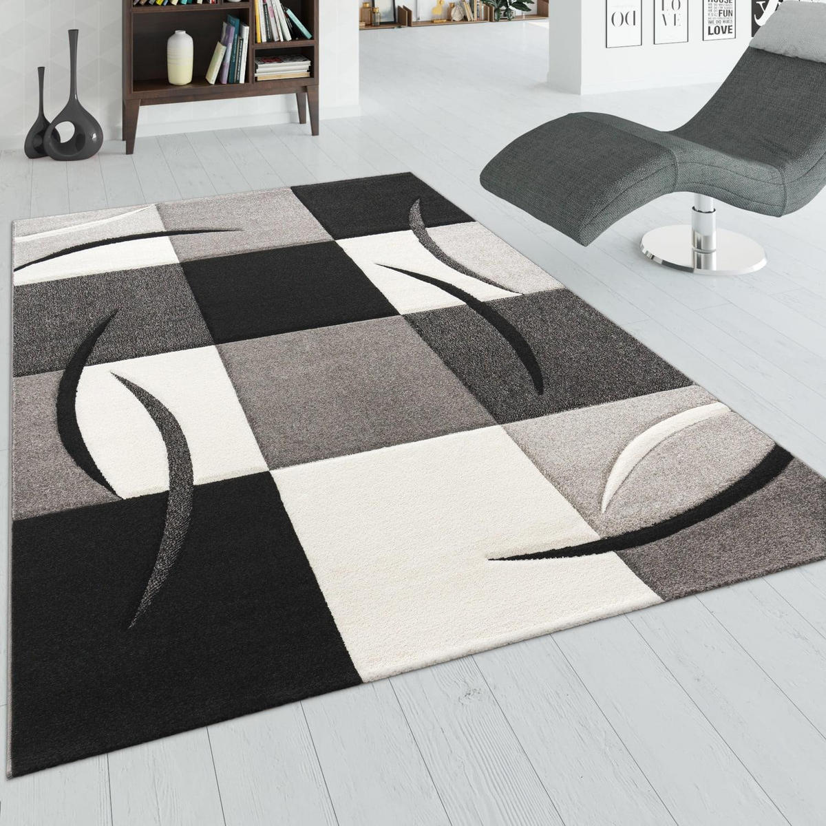 KURZFLOR-TEPPICH DIAMOND 665 SCHWARZ-WEISS 120X170 - Schwarz, Kunststoff (120/170cm) - Paco Home