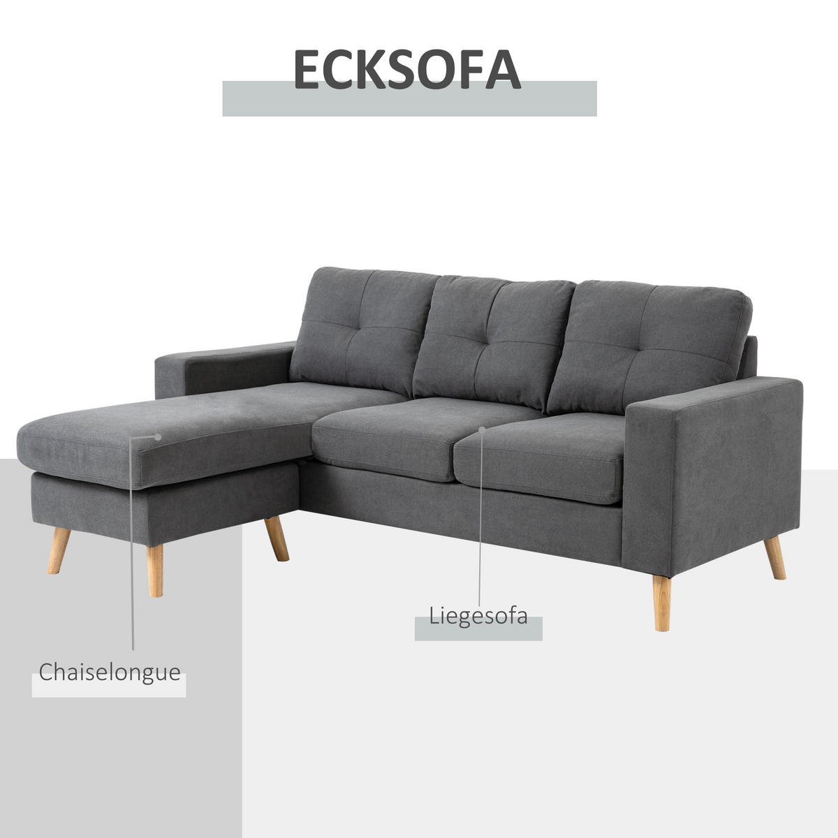 ECKSOFA Eckcouch in L-Form, Eckgarnitur in Leinenoptik Couchgarnitur Dunkelgrau - Dunkelgrau, Textil (136/193cm) - HOMCOM