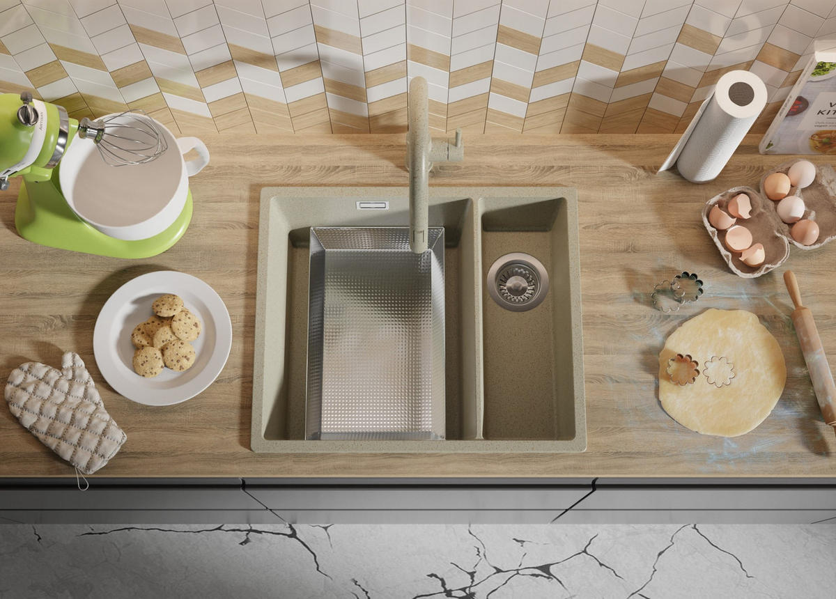 SPÜLBECKEN London Slim Duo, 2-er set Beige 56/47 cm 1,5 Becken + Ablauf-Set ab 60er Unterschrank - Chromfarben/Beige, Kunststoff (56/20/47cm) - Primagran