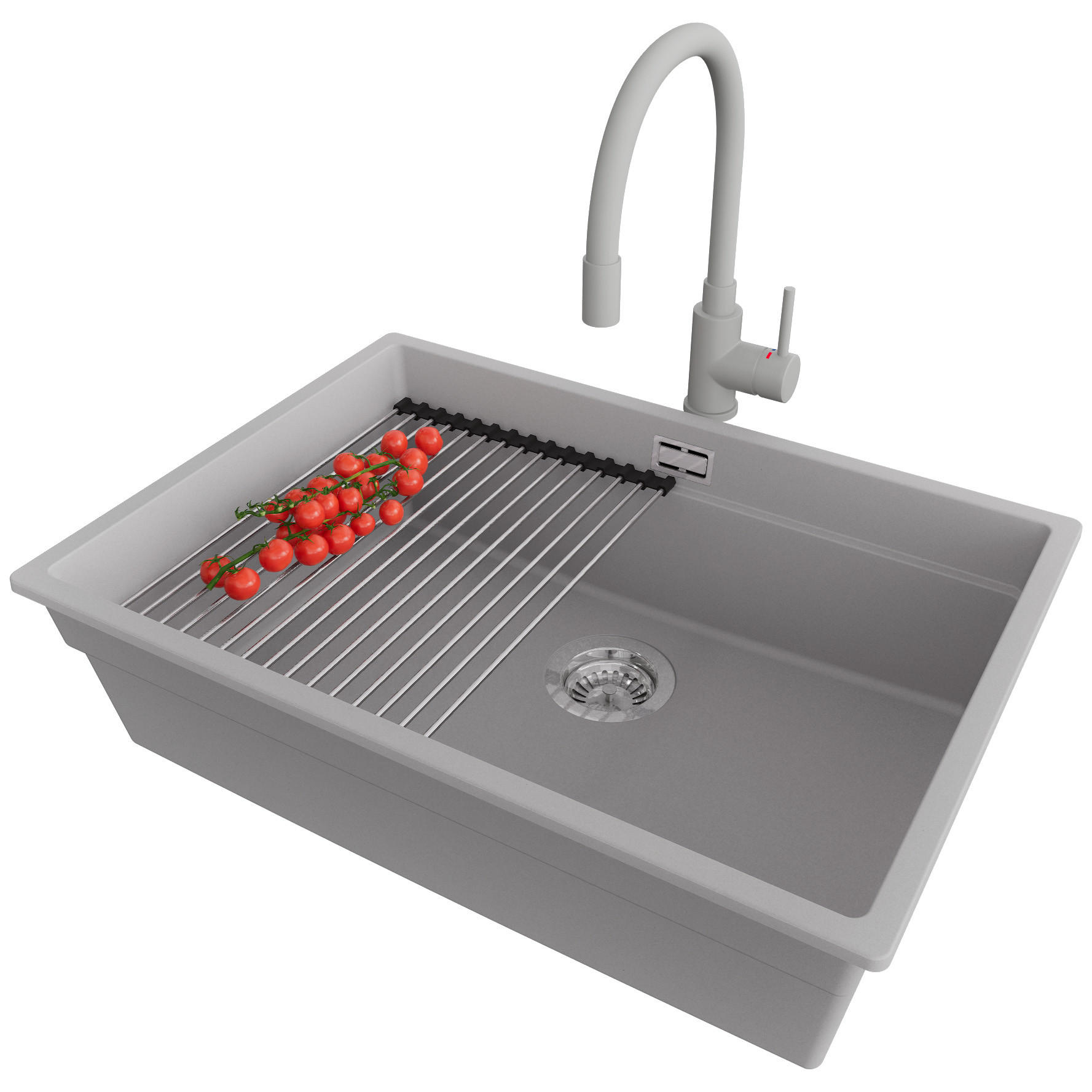 GRANITSPÜLE Praga Slim, 2-er set Grau 66/47 cm 1 Becken + Küchenarmatur 38/14 cm + Ablauf-Set + Aufrollbare Abtropffläche ab 70er Unterschrank - Chromfarben/Grau, Kunststoff (66/20/47cm) - Primagran