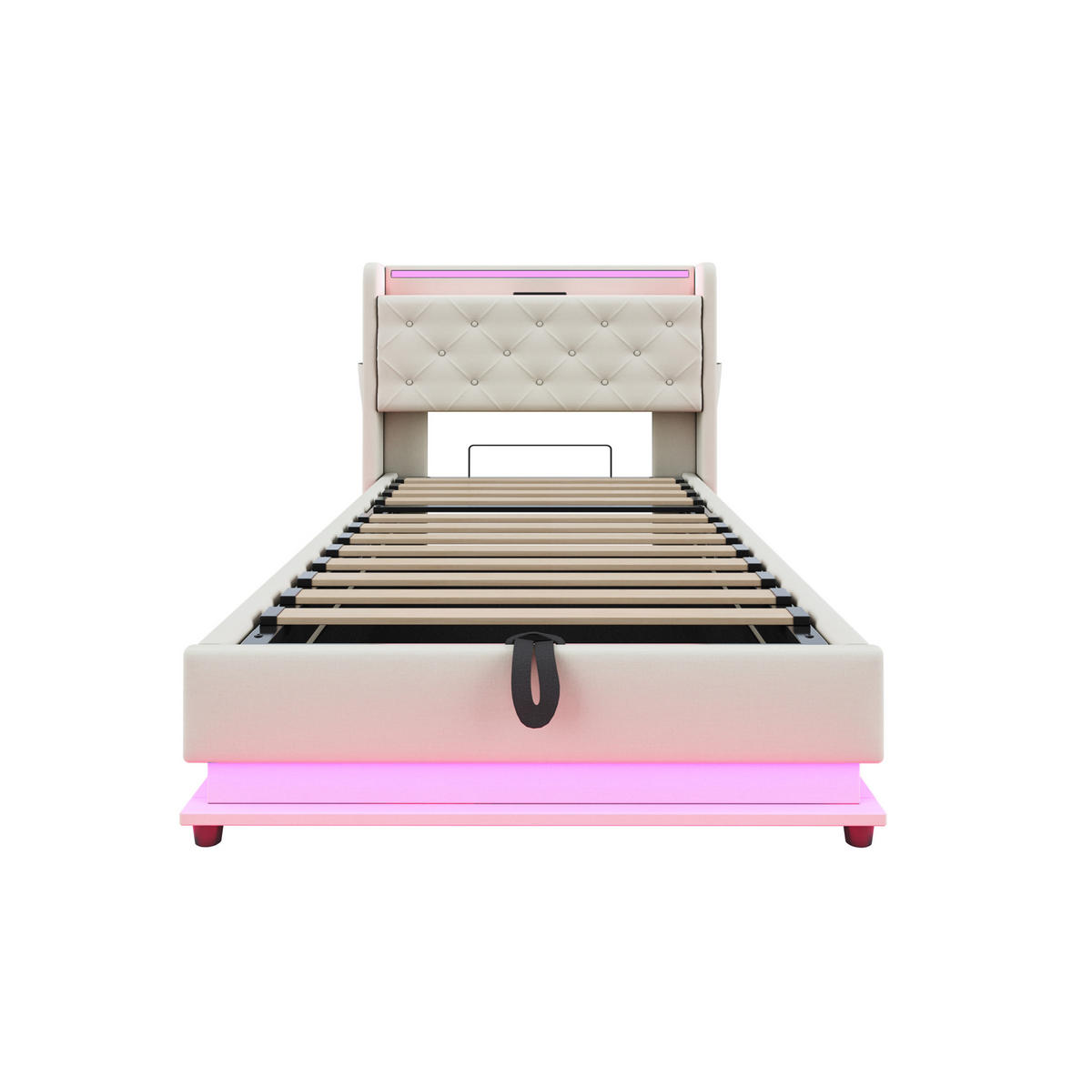 DETSKÁ posteľ 216,5/97/108 cm béžová s LED osvetlením, USB a úložným priestorom z ľanovej tkaniny - béžová, textil (90/200cm) - OKWISH
