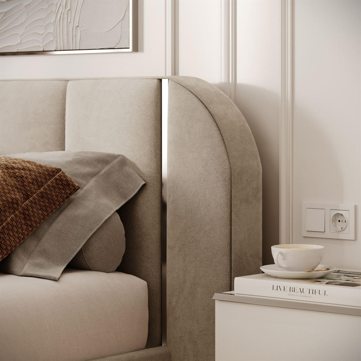 BETT AMARA SILVER 160x200 gepolstert mit Stauraum und Lattenrost, Royal Velvet 180 - Taupe, Textil - Lookway