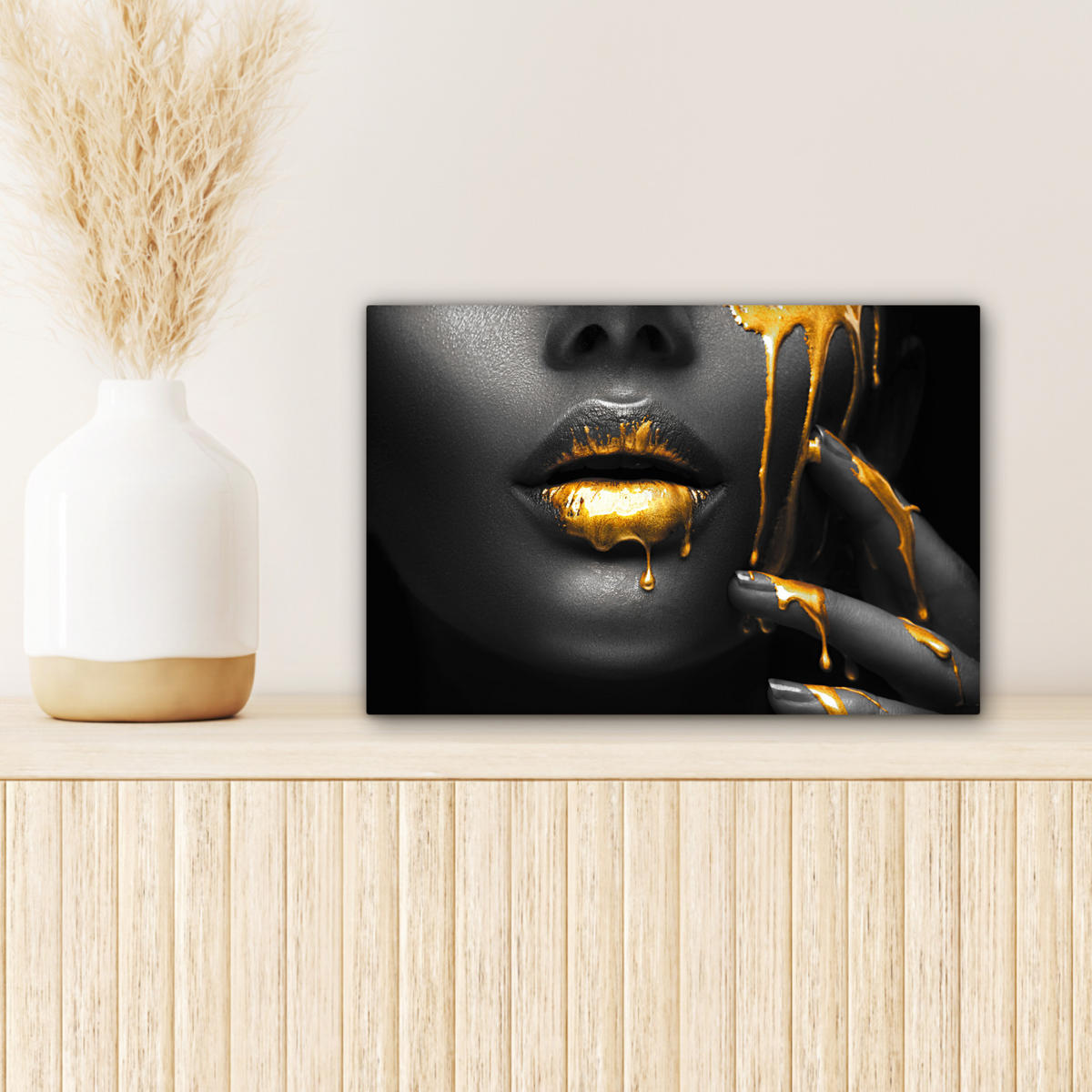 LEINWANDBILD Frau - Schwarz - Gold - Gesicht - Lippen 30x20 cm - Goldfarben, Textil (30/20cm) - MuchoWow