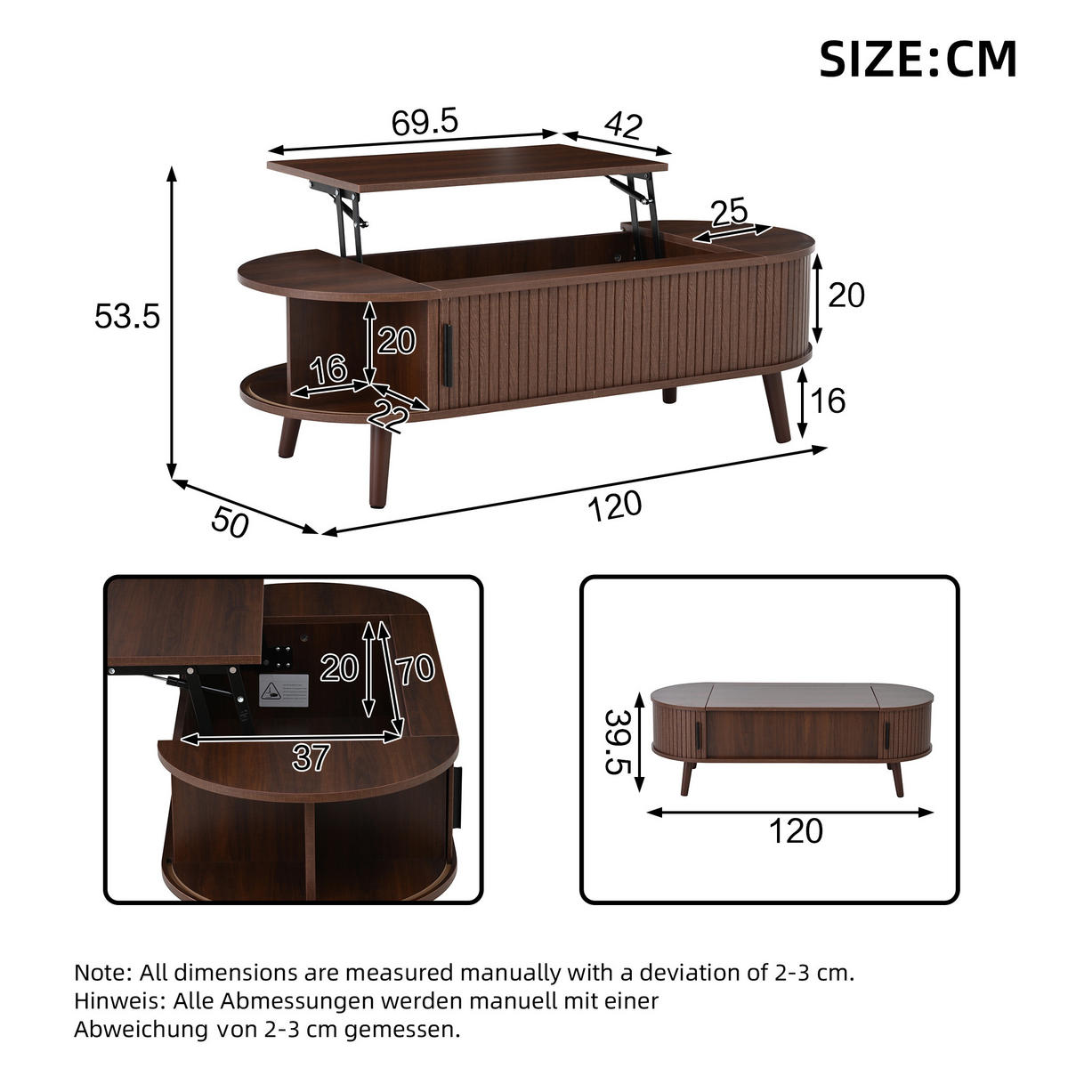 COUCHTISCH 120x50x39.5 cm Nussbaum Lift Stauraum 5 Fächer - Walnussfarben, Holzwerkstoff (120/50/39.5cm)