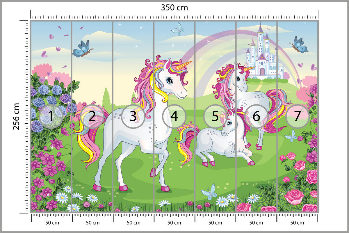 FOTOTAPETE für Kinderzimmer Einhorn Schloss Blumen Märchen 350x256 - Gelb/Violett, Papier (350/256cm) - Muralo