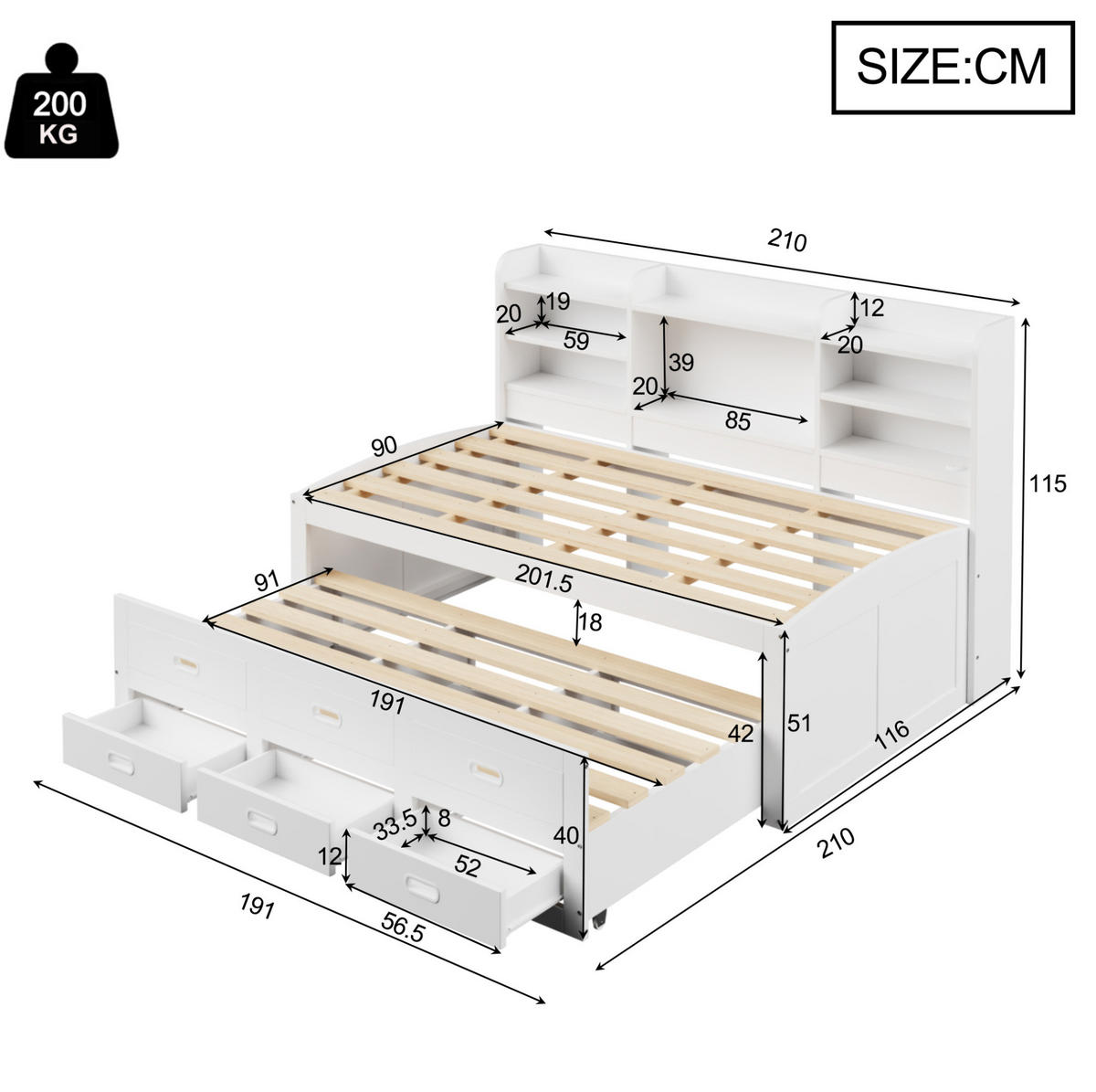 TAGESBETT 90/200 cm mit LED-Beleuchtung, Ausziehbett und 3 Schubladen - Weiß, Holzwerkstoff (90/200cm) - BEAOK