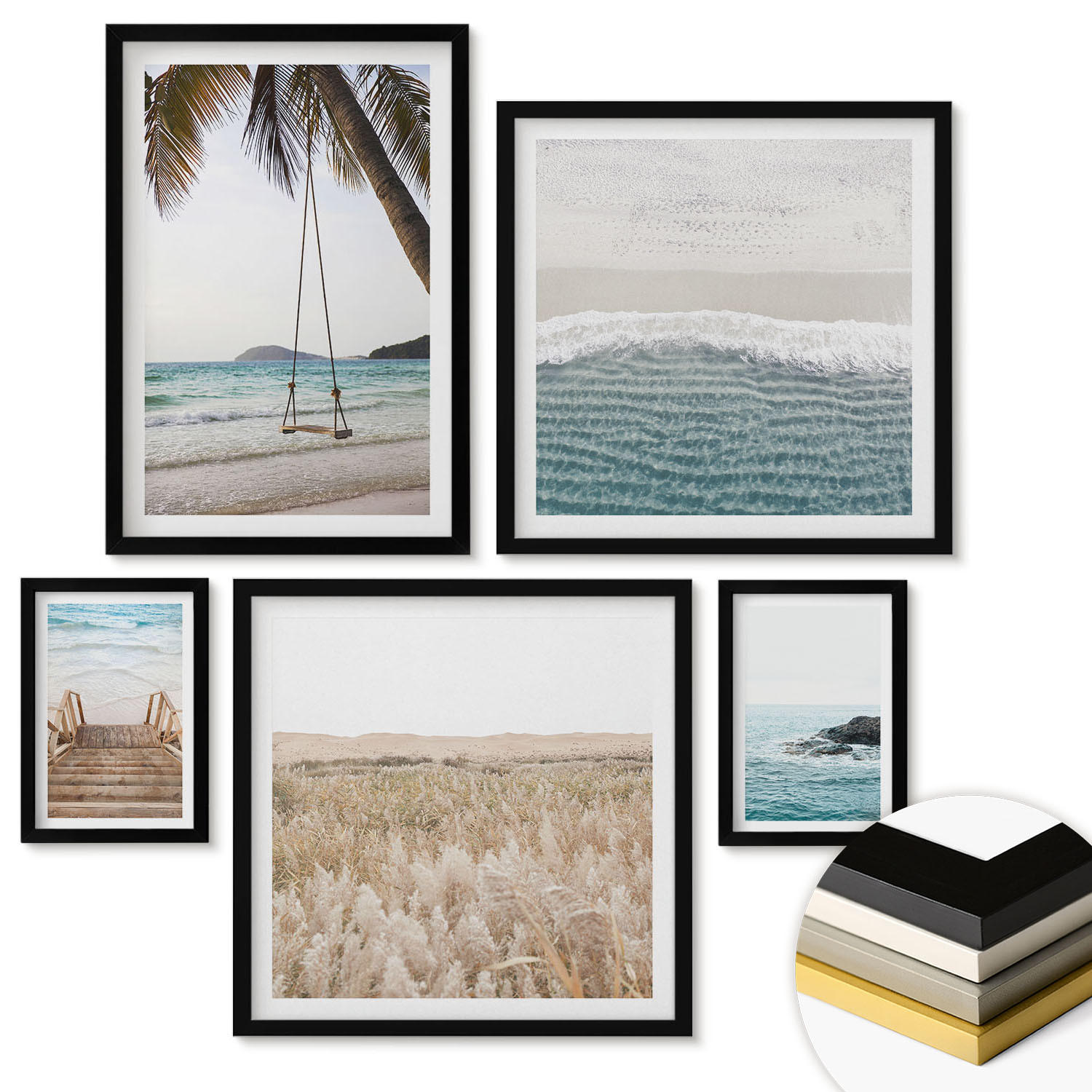 WANDBILDER 5er-Set - 50x50 cm & 20x30 cm & 40x60 cm Schwarzer Rahmen - Treppe, Strand, Meerblick, Schaukel - Schwarz, Kunststoff (40/60cm) - ArtPrintCave