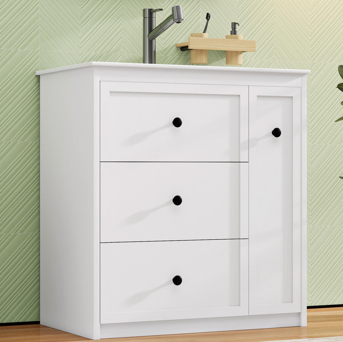 WASCHTISCH aus MDF und Keramik 76x46x82 cm Weiß mit 4 Schubladen und integriertem Keramikbecken - Weiß, Keramik (76/82/46cm) - Modfu