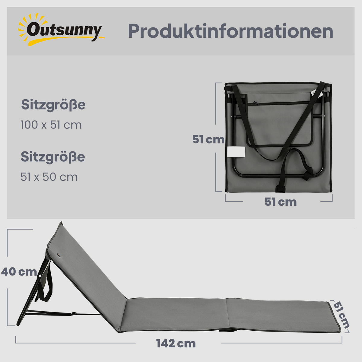 VERSTELLBARE SONNENLIEGE, 142 x 51 x 40 cm, Stahl, Oxford, Grau - Grau, Kunststoff (51/40/142cm) - Outsunny