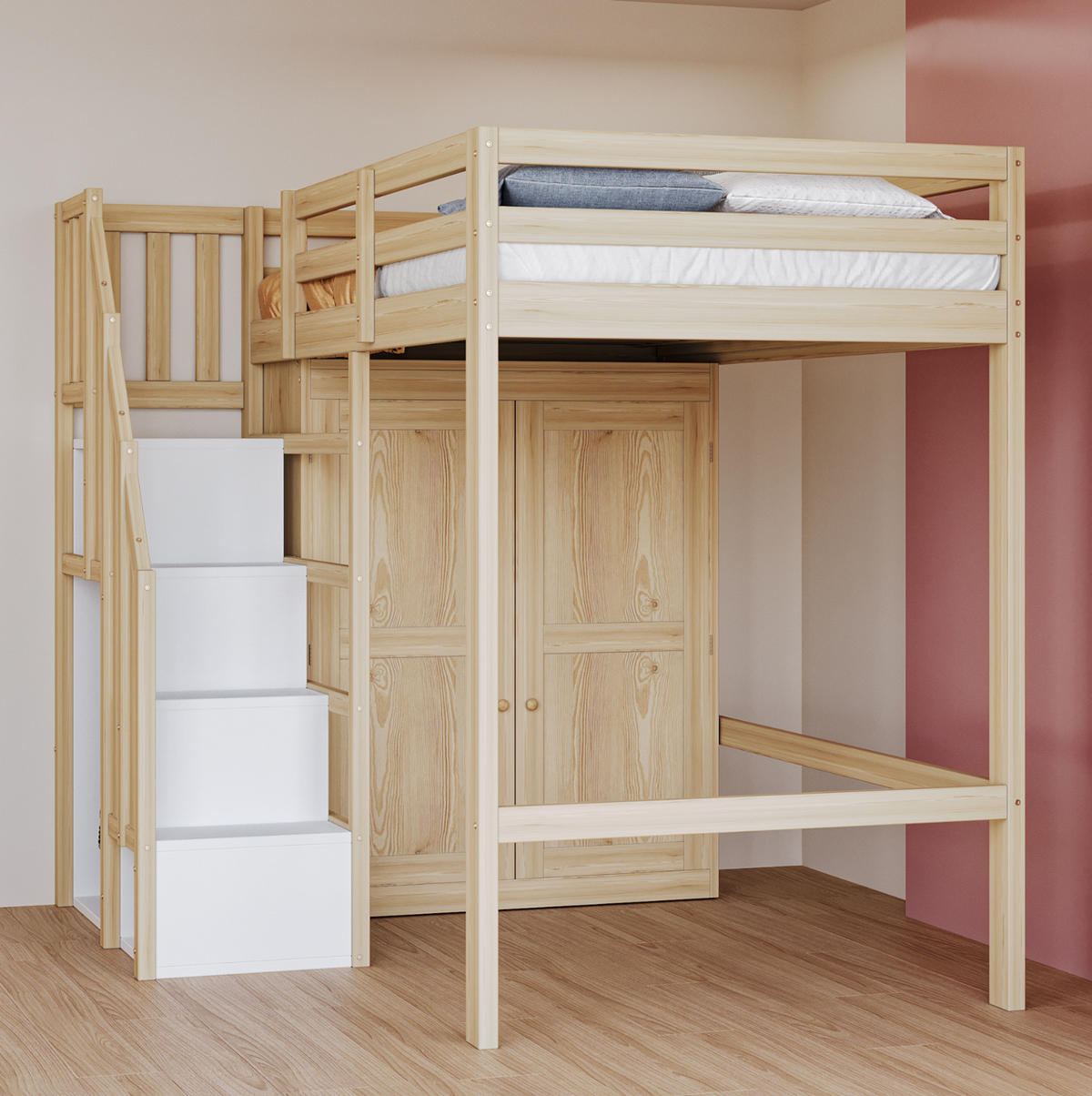 HOCHBETT 90/200 cm mit Kleiderschrank, Stauraumtreppe und offener Ablage aus Holzwerkstoff, Natur - Naturfarben, Holzwerkstoff (90/200cm) - Redom