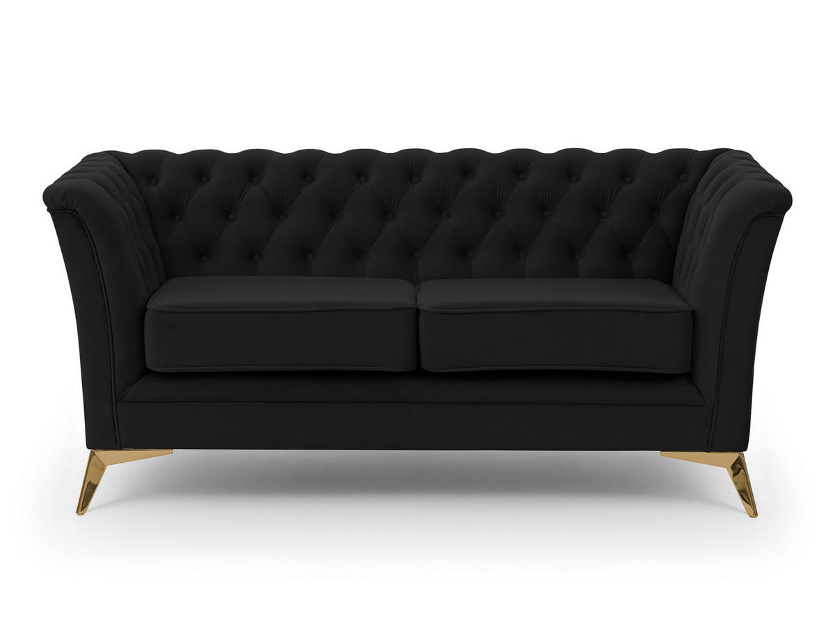 CHESTERFIELD-SOFA 2-sitzer Whitby Schwarz Samt mit goldenen Füßen - Goldfarben/Schwarz, Holz/Textil (175/78/82cm) - S-Style Möbel