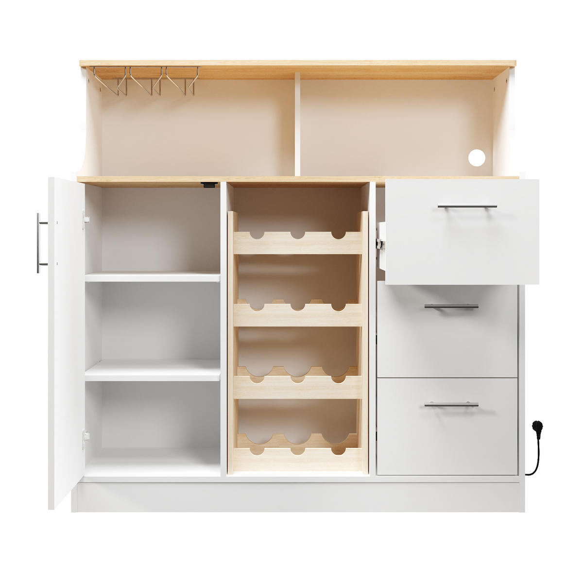 SIDEBOARD aus MDF 120x40x121 cm Weiß/Natur mit LED-Beleuchtung, Steckdose, Weinregal und Gläserhalter - Weiß, Holzwerkstoff (120/121/40cm) - Modfu