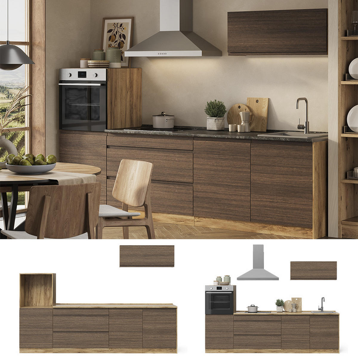 KUHINJSKI BLOK R-Line, Tobak in oreh/Zlati hrast z močjo, 280 cm delovna plošča Satin - barva oreha/barve hrasta, leseni material (280/143/60cm) - Vicco