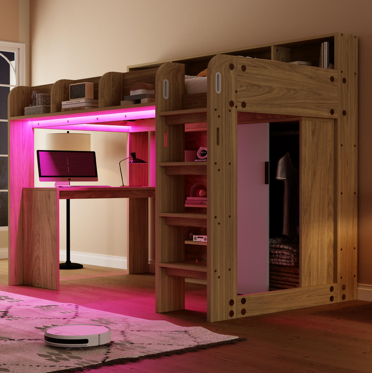 HOCHBETT 90/200 cm mit Schreibtisch, Kleiderschrank, Stauraum, LED-Beleuchtung und Steckdose, Holzfarbe - Naturfarben, Holzwerkstoff (90/200cm) - Redom