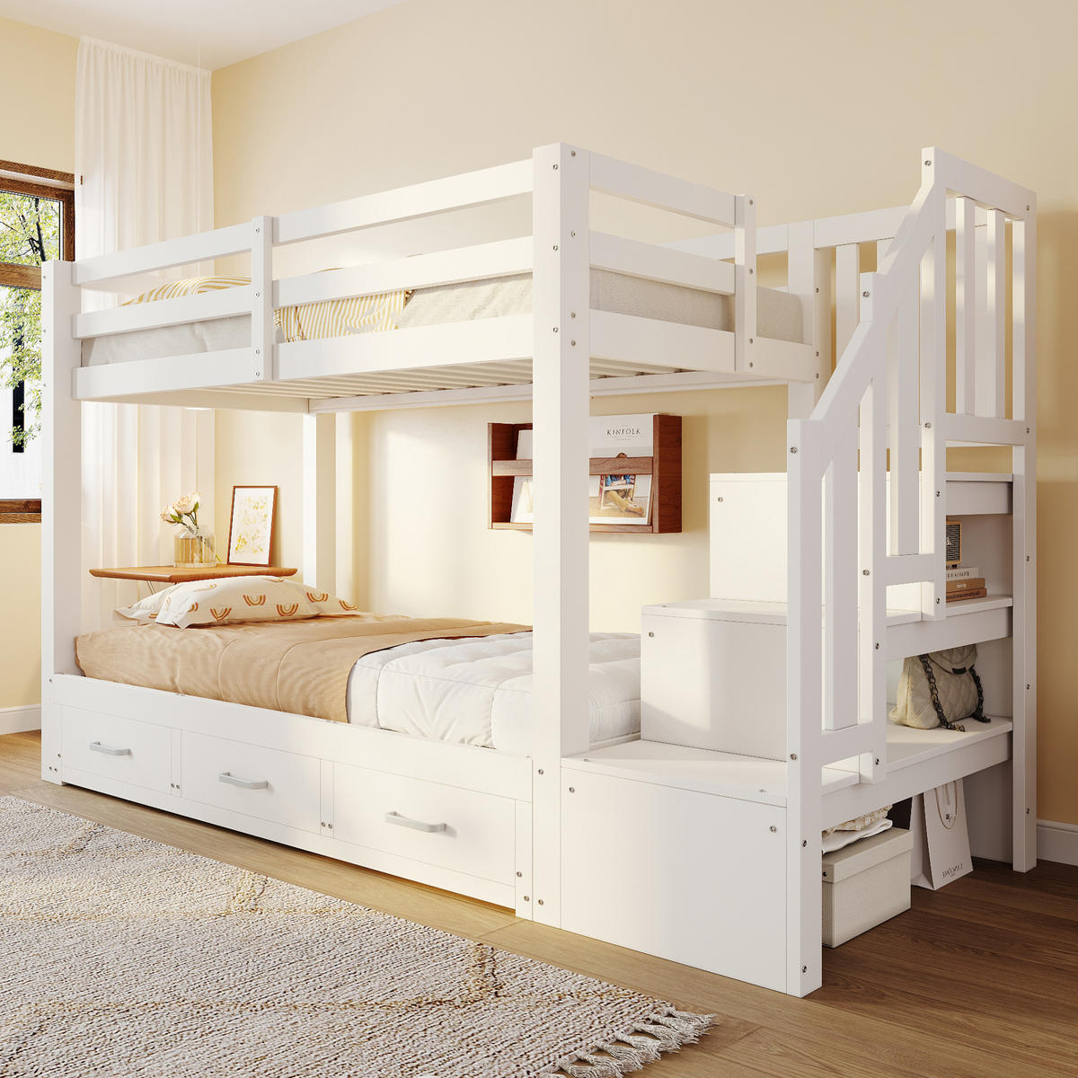 ETAGENBETT 90/200 cm & 180/190 cm in Weiß & Grau mit 3 Schubladen, Ausziehbett und Stauraumleiter - Weiß, Holzwerkstoff (90/200cm) - STILVORA