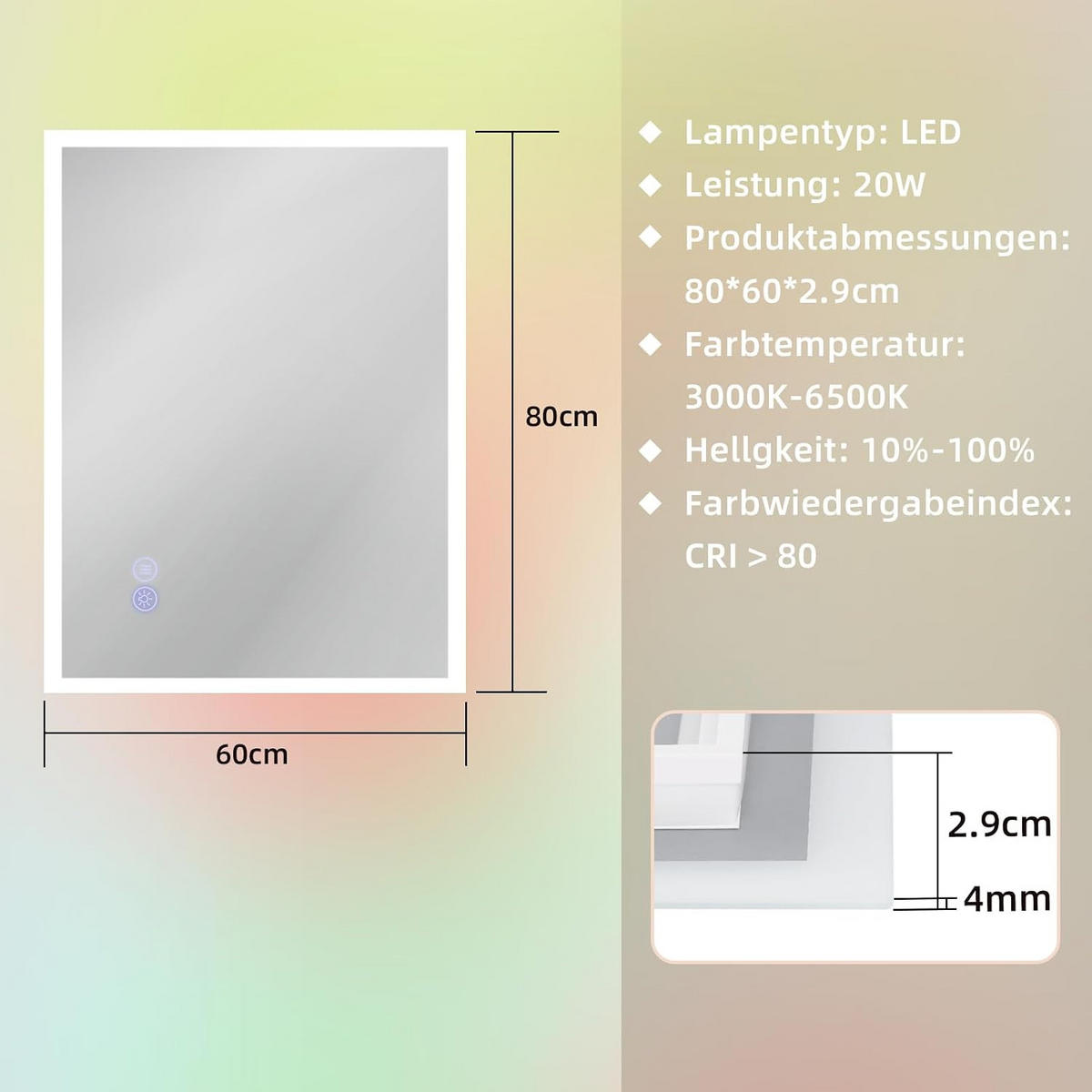 BADSPIEGEL Hydris 60.0/2.9/80.0 cm - Weiß, Glas (2.9/80/60cm) - ZMH