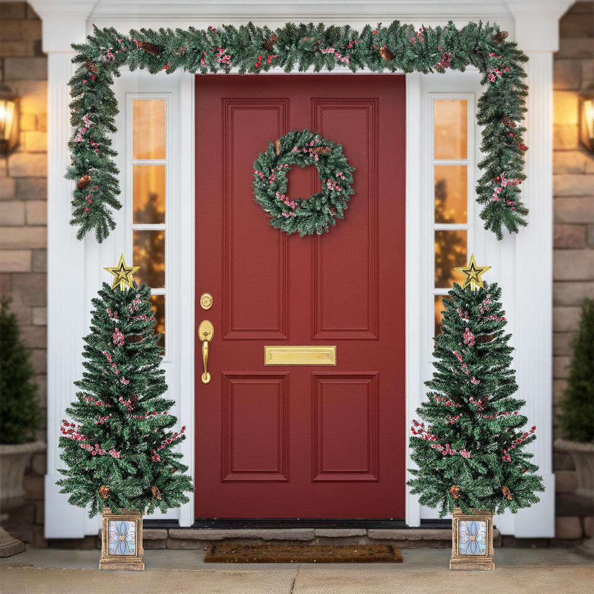 WEIHNACHTSBAUM Mini Tannenform mit Weihnachtsgirlande und Weihnachtskranz 120 cm grün(4-tlg) - Grün, Metall (120cm) - COSTWAY
