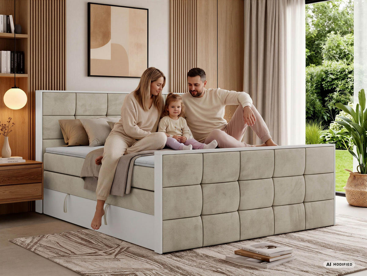 BOXSPRINGBETT ALVIT KING DUO 200/200 - Beige Velvet - Topper T25 - H3 - Beige/Schwarz, Kunststoff/Textil (200/200cm) - MKS