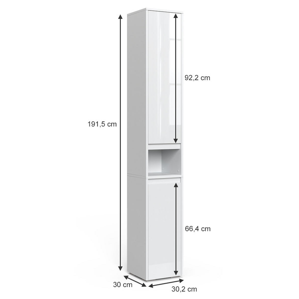 BADSCHRANK Majest Weiß 30.2 x 191.5 cm mit Türen und offenem Fach - Weiß, Holzwerkstoff (30.2/191.5/30cm) - Vicco