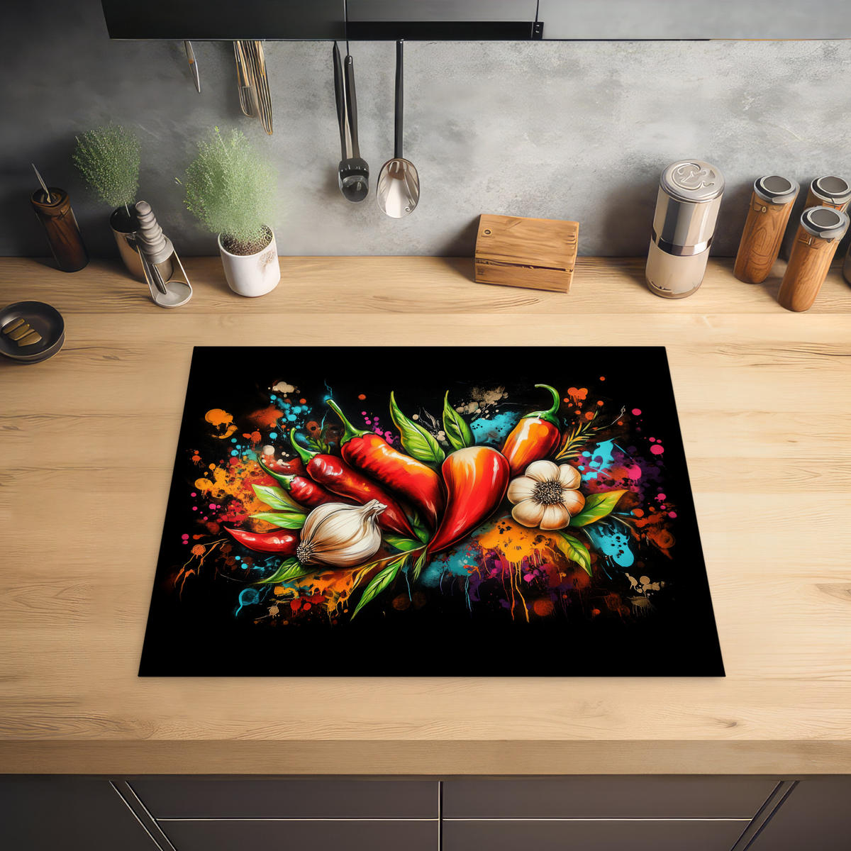 HERABDECKPLATTE - Gemüse - Paprika - Knoblauch - Graffiti - Farbe - Bunt - 65x55 - Rot, Kunststoff (65/55/0.2cm) - MuchoWow