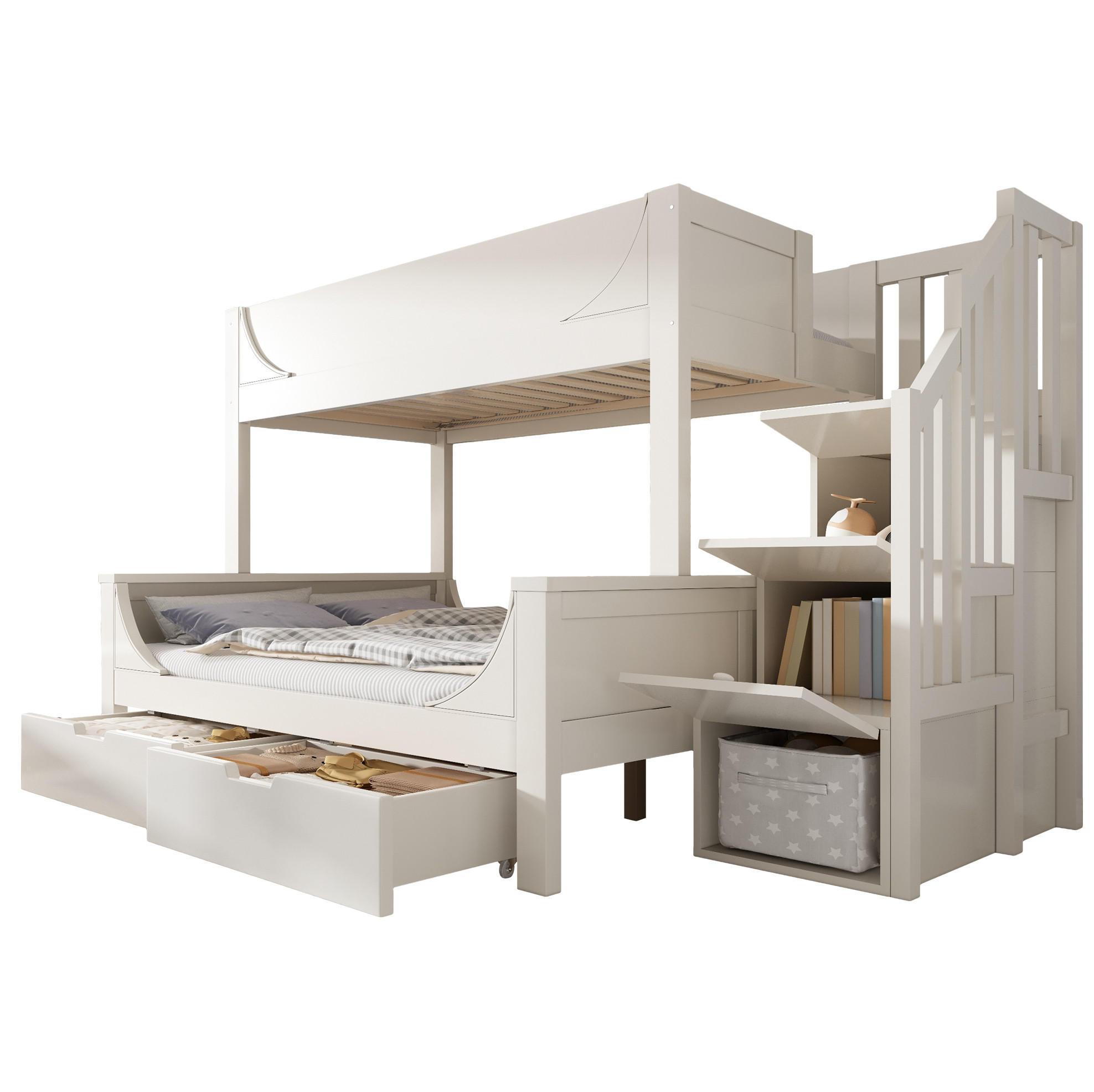 ETAGENBETT aus Holz & Metall 90/140x200 cm in Weiß mit Leiterschrank & Schubladen - Weiß, Holz (90/200cm) - Modfu