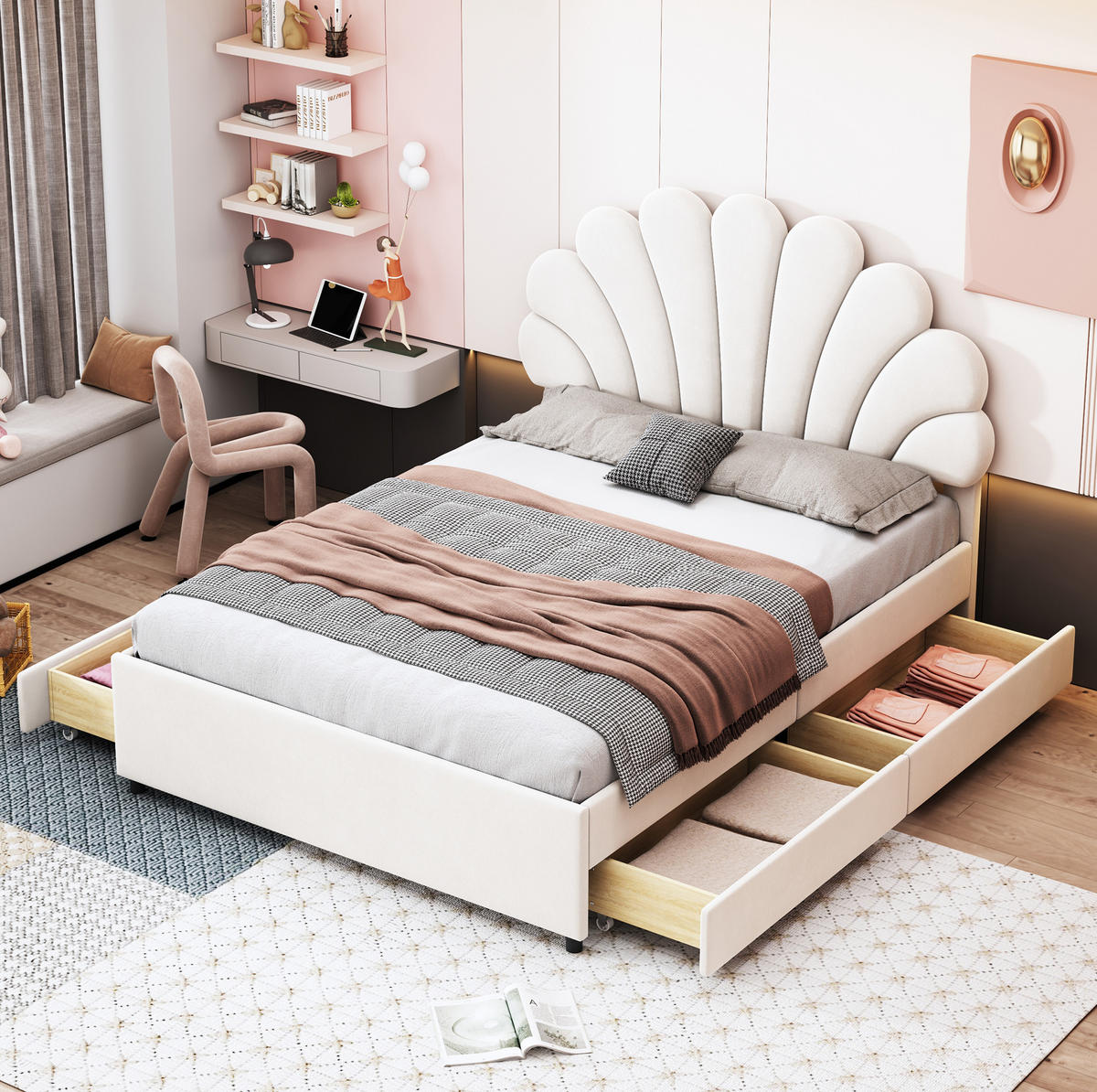 SAMT-POLSTERBETT 140/200 cm Beige mit Lattenrost und 4 Schubladen - Beige, Textil (140/200cm) - BEAOK