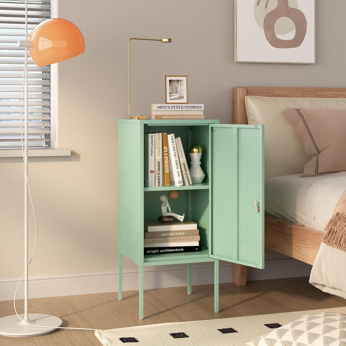 NOČNÍ SKŘÍŇ Hausjärvi - mátově zelená, kov (35/82/35cm) - [en.casa]