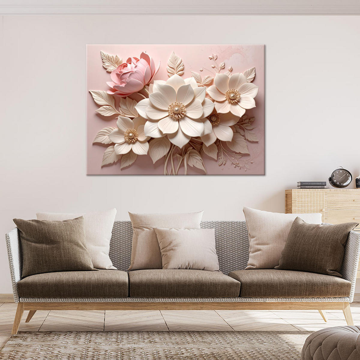 WANDBILD, Rosa und weiße Blüten im Relief - Rosa, Textil (60/40cm) - Feeby