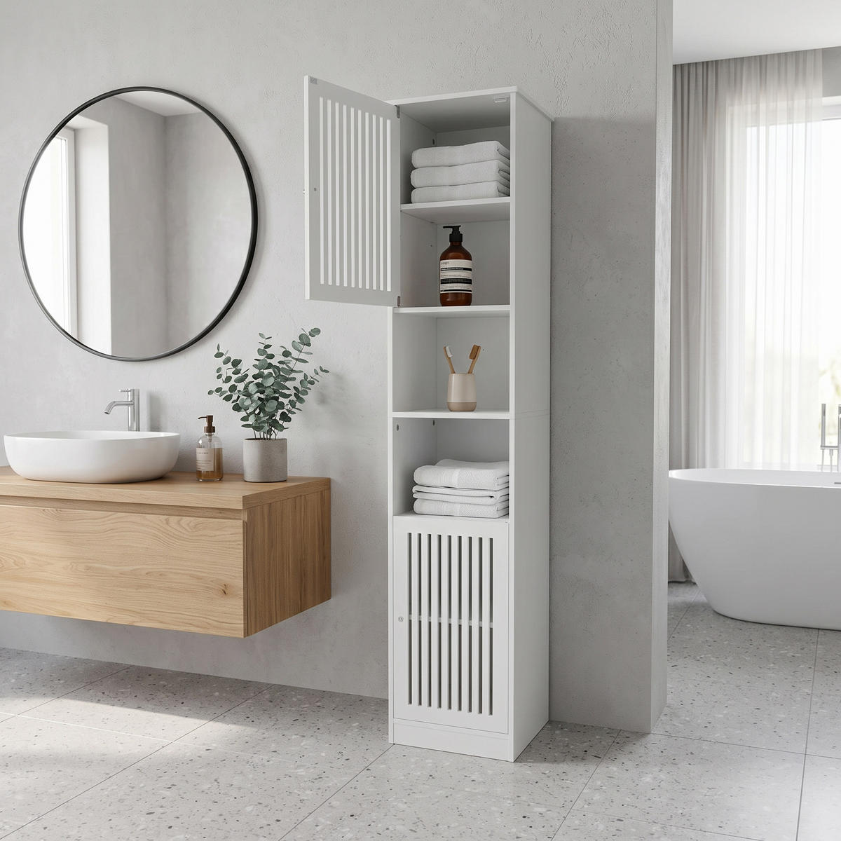 BADEZIMMERSCHRANK Hochschrank Weiß mit Lamellentüren & verstellbaren Böden - Weiß, Holzwerkstoff (36/163/30cm) - Urban Meuble