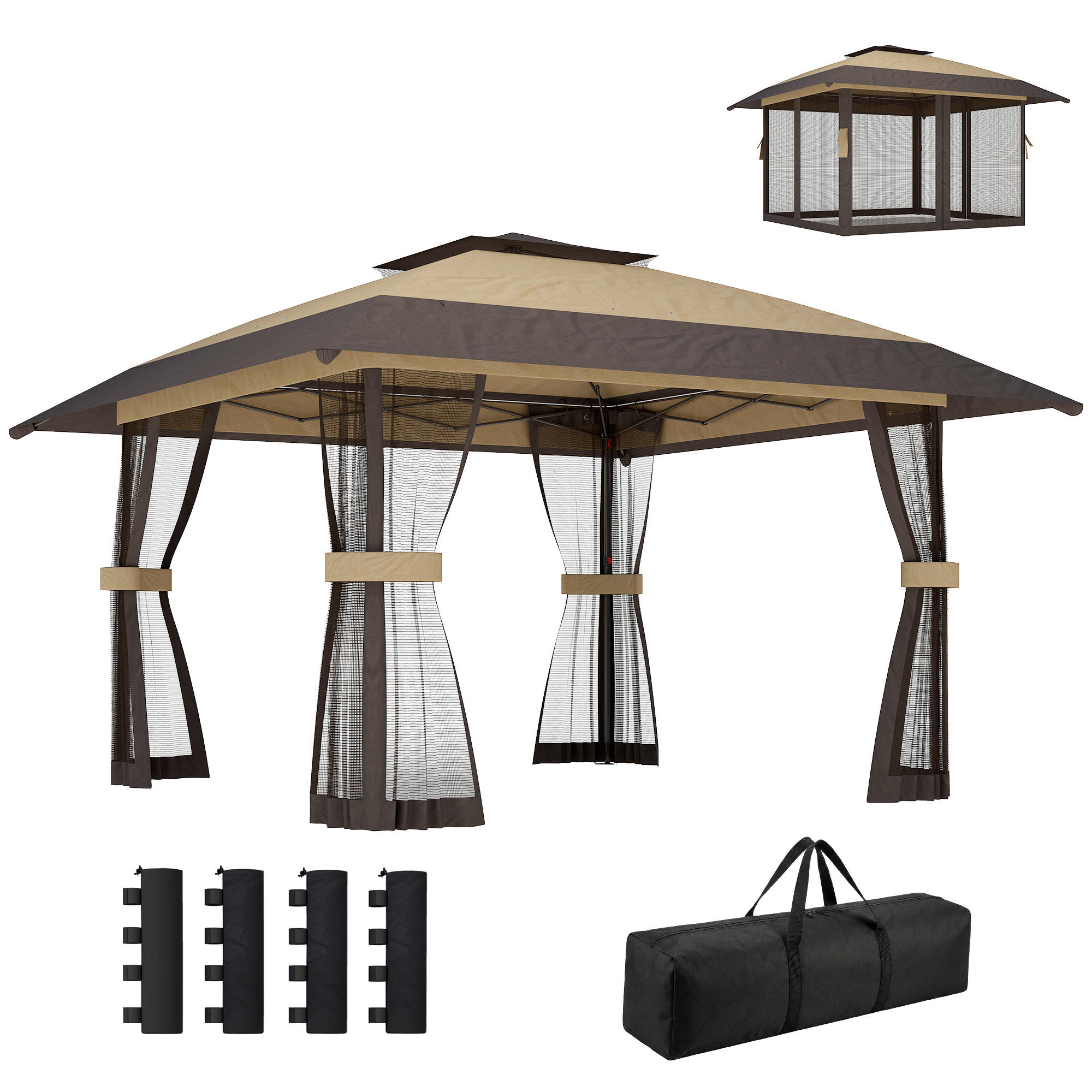 PAVILLON, faltbar, verstellbarer Höhe, Tragetasche, UPF 30+, 4x4 m ,Khaki - Braun, Metall (400/287/400cm) - Vallsero