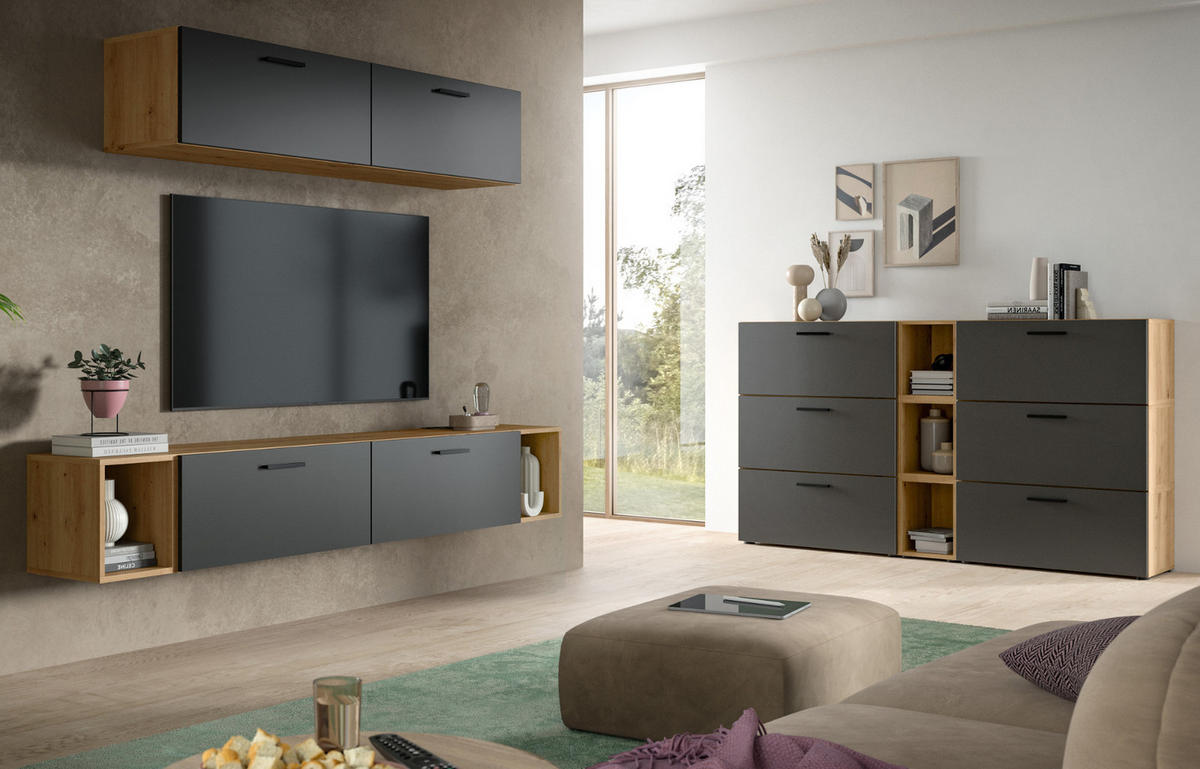 SIDEBOARD grau, Eiche Artisan 277 cm, Kommode mit Soft-Close - Schwarz/Eiche Artisan, Holzwerkstoff/Kunststoff (277/65/34cm) - Inn.Furn