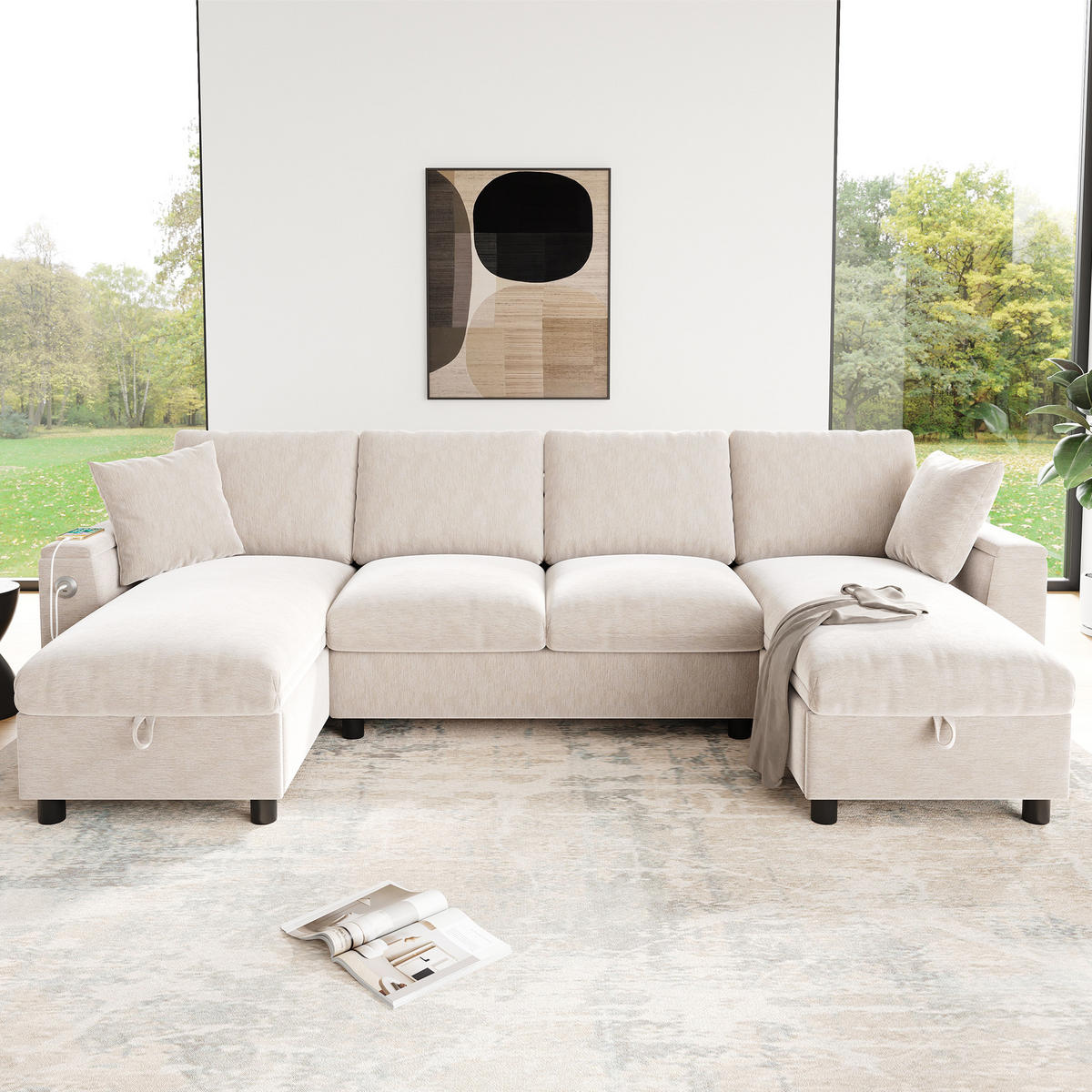 WOHNLANDSCHAFT Chenille Beige mit Stauraum, USB und Type-C-Anschluss - Beige, Holzwerkstoff/Kunststoff (284/84/135cm) - WISHDOR
