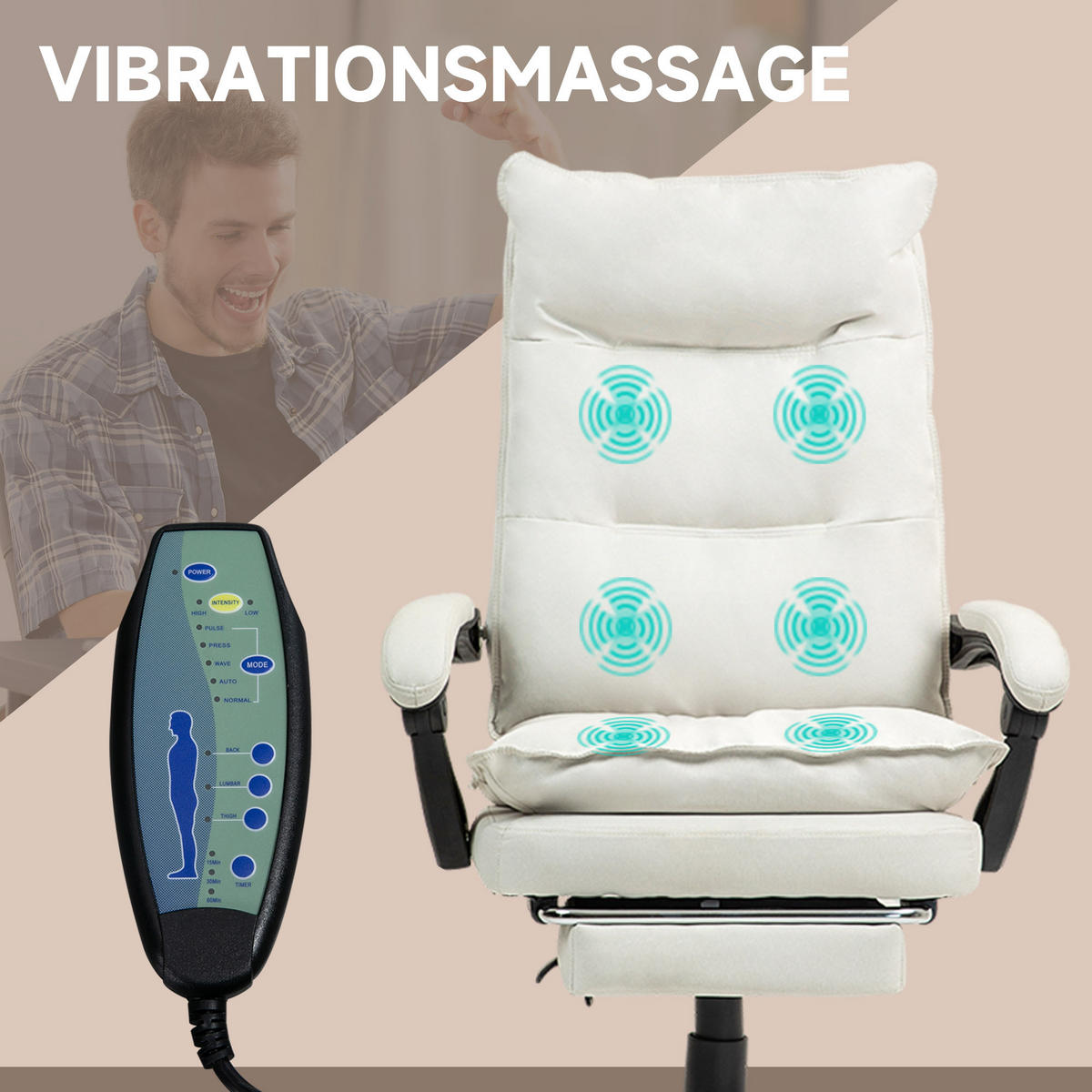 BÜROSTUHL mit 6 Punkt Massage, ergonomischer Gaming Sessel mit Liegefunktion - Creme, Kunststoff (62/130/70cm) - Vinsetto