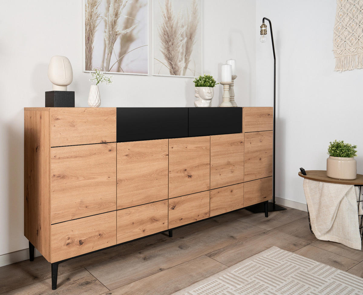 SIDEBOARD Eiche Artisan, schwarz 180 cm, Kommode 5-türig, viel Stauraum - Schwarz/Eiche Artisan, Holzwerkstoff (180/90/42cm) - Furn.Design
