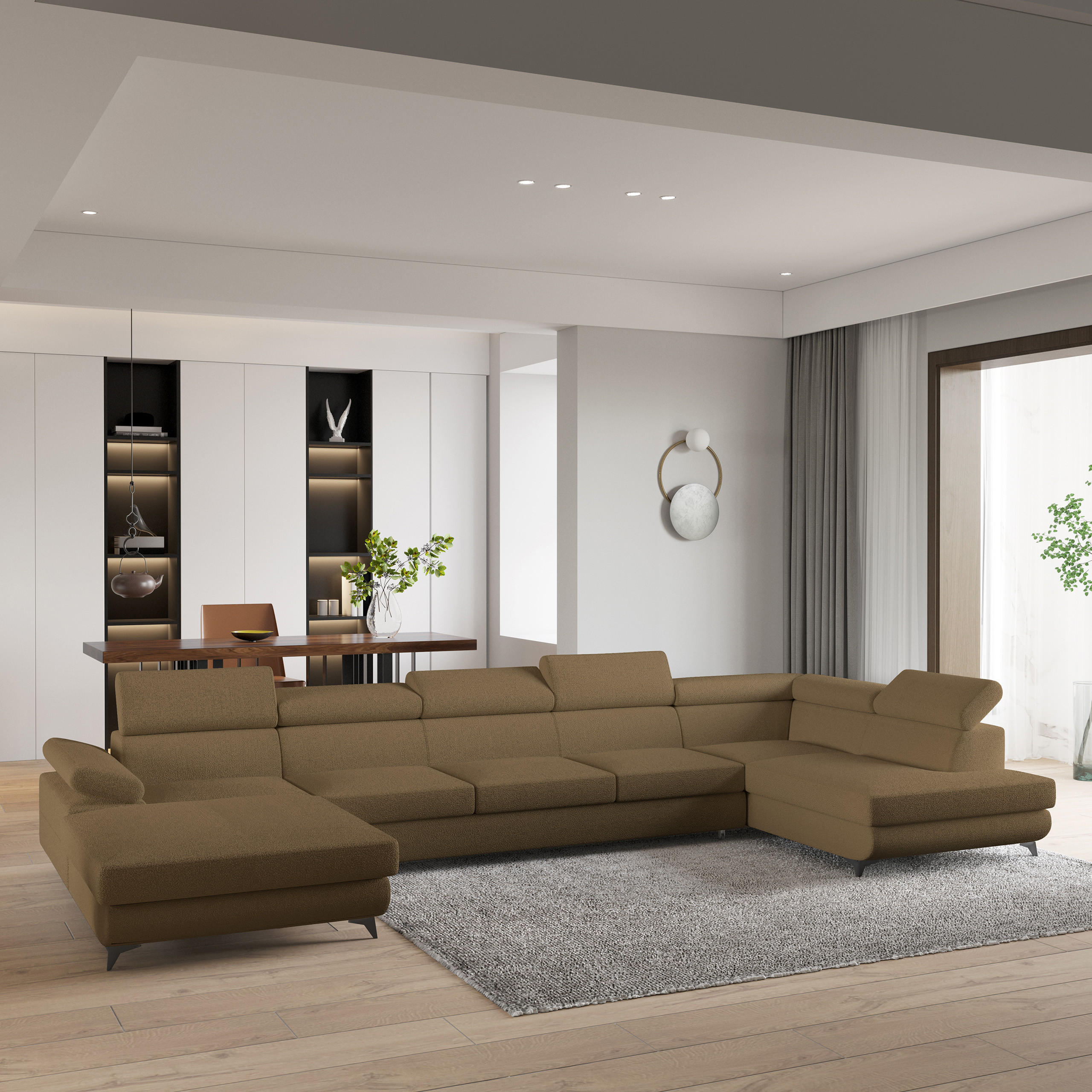 WOHNLANDSCHAFT MONTIVA Orange Boucle-Stoff mit Schlaffunktion - Orange, Holz (410/89/190cm) - MASSENO