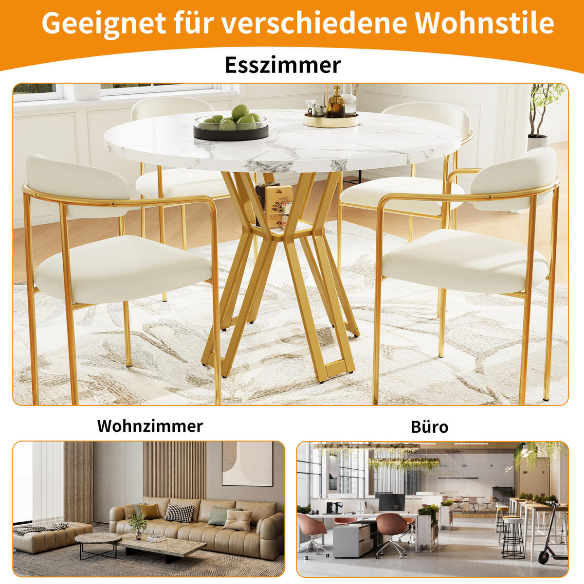 ESSTISCH 100/100/76 cm Gold/Weiß aus MDF und Metall mit verstellbaren Füßen - Weiß, Holzwerkstoff (100/100/76cm) - OKMYHOME