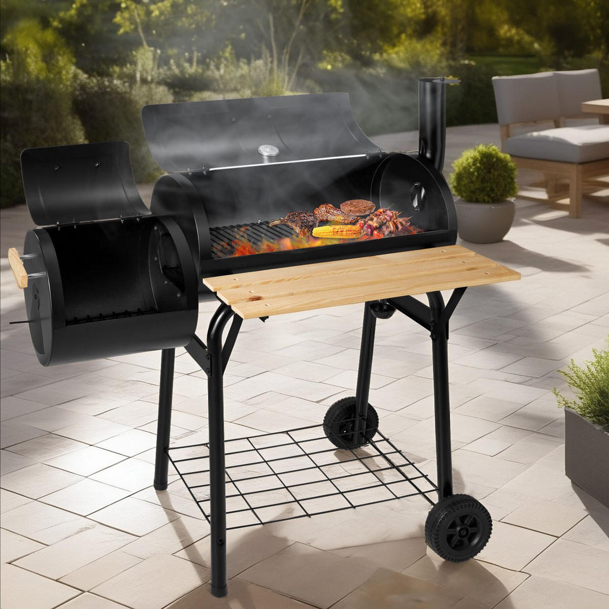 HOLZKOHLEGRILL ,115 x 67 x 115 cm,schwarz - Schwarz, Metall (67/117/115cm) - tectake