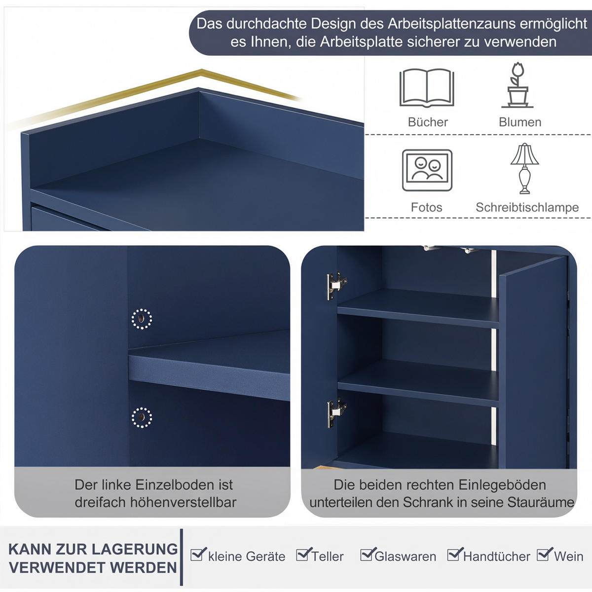SIDEBOARD, 120/80/30 cm, mit 4 Türen, MDF, blau - Blau, Holz/Metall (120/80/30cm) - GENKI LIVING