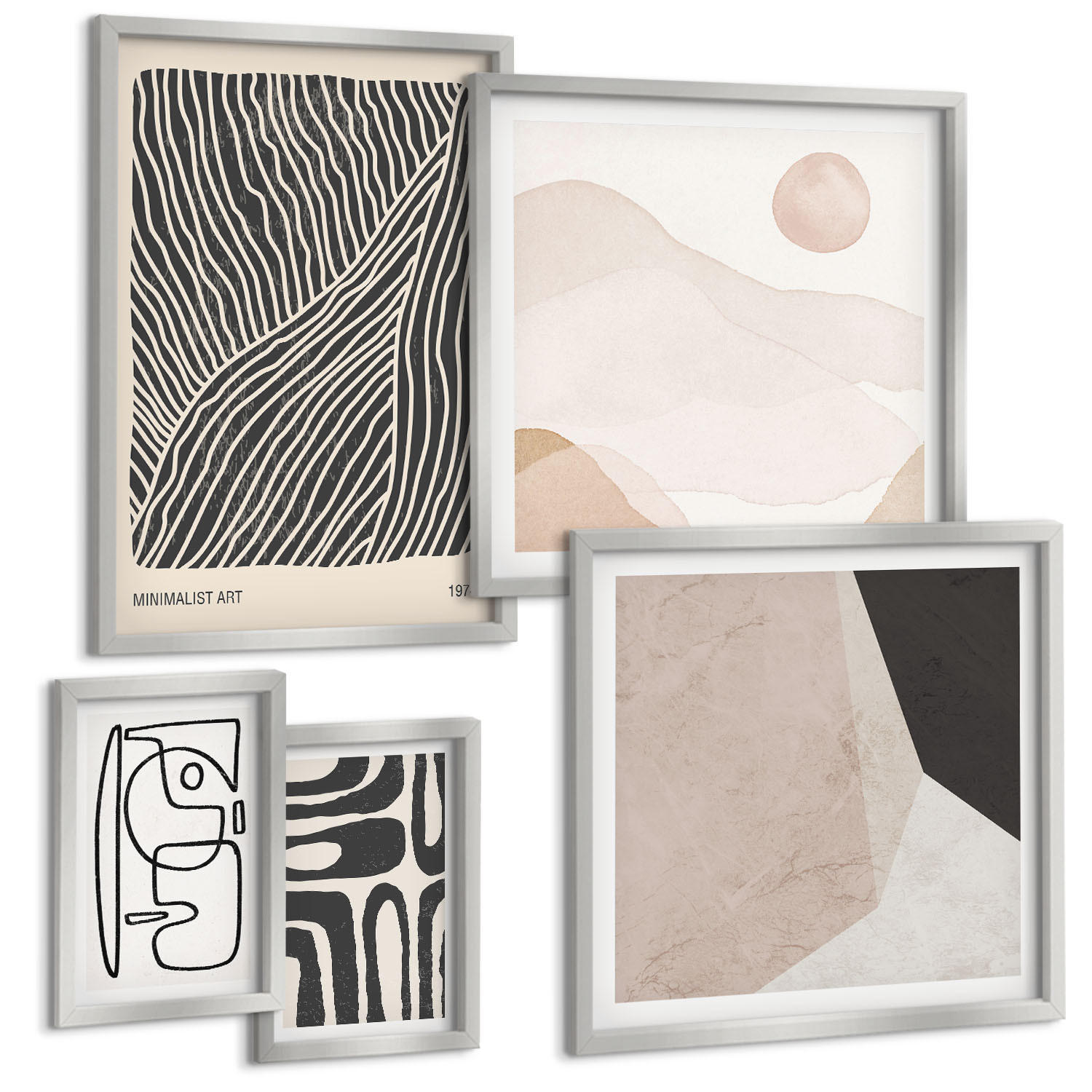 BILDER SET 5er Set - 50x50 cm & 20x30 cm & 40x60 cm Silberner Rahmen - Abstrakte Muster mit Linien - Silberfarben, Kunststoff (40/60cm) - TULUP