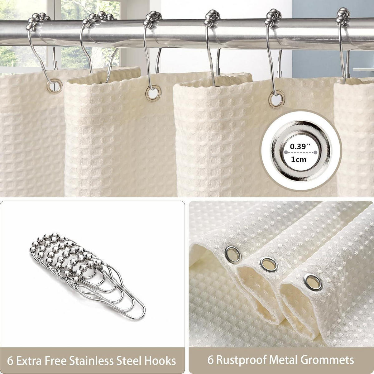 DUSCHVORHANG Waffelstoff Creme 92 x 182 cm - Creme, Textil (91.4/182.9cm)