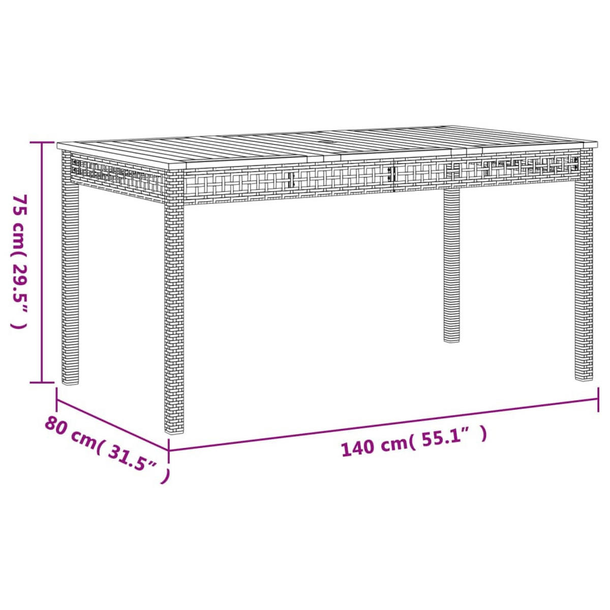 GARTENTISCH Grau 140/80/75 Cm Poly Rattan Akazienholz - Grau, Kunststoff (140/80/75cm) - vidaXL