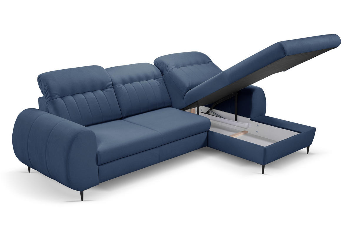 ECKSOFA PURO R-S Dunkelblau Plüsch-Stoff mit Schlaffunktion - Dunkelblau, Holz (275/166cm) - MASSENO