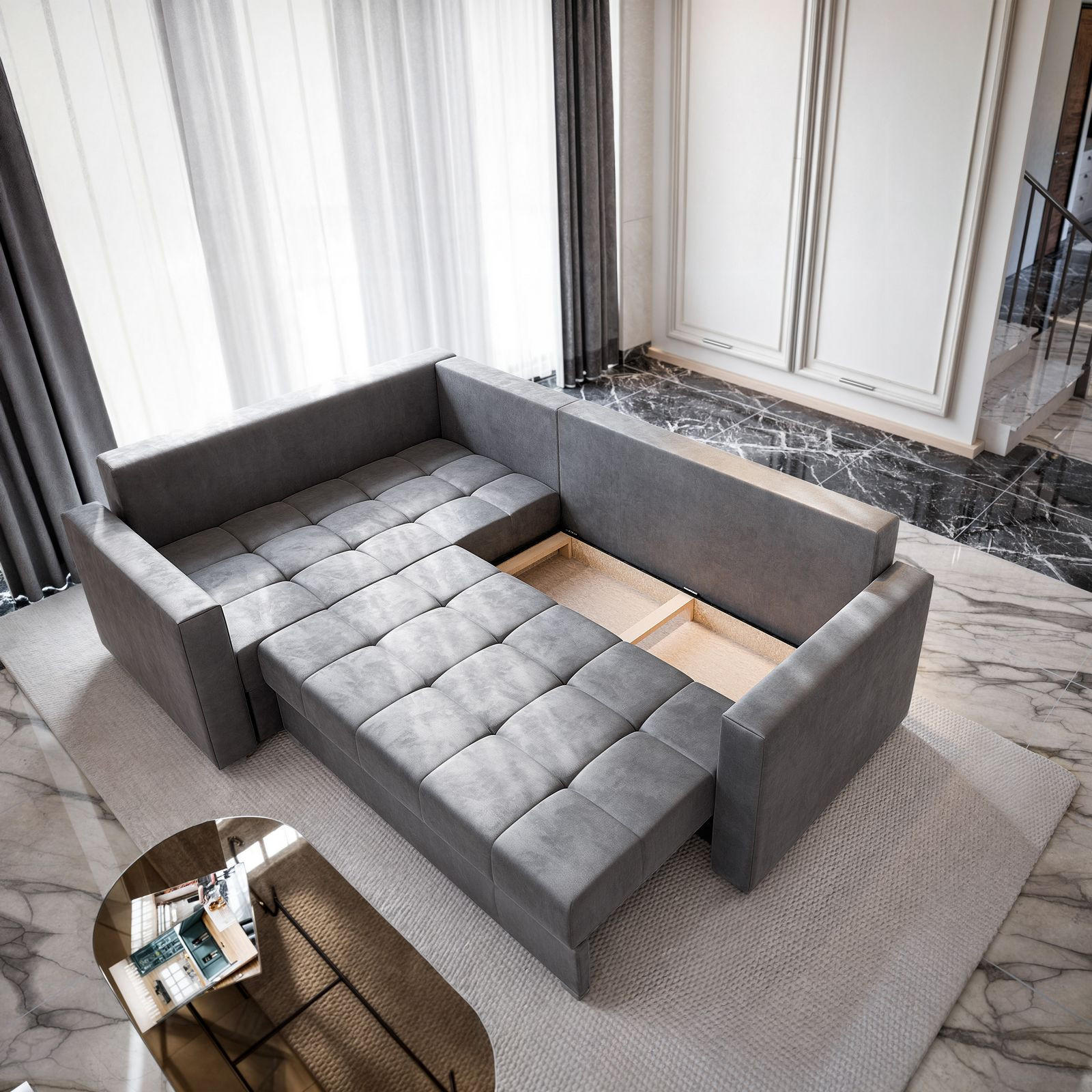 ECKSOFA LIRENO L-S Gelb Plüsch-Stoff mit Schlaffunktion - Gelb, Holz (220/153cm) - MASSENO