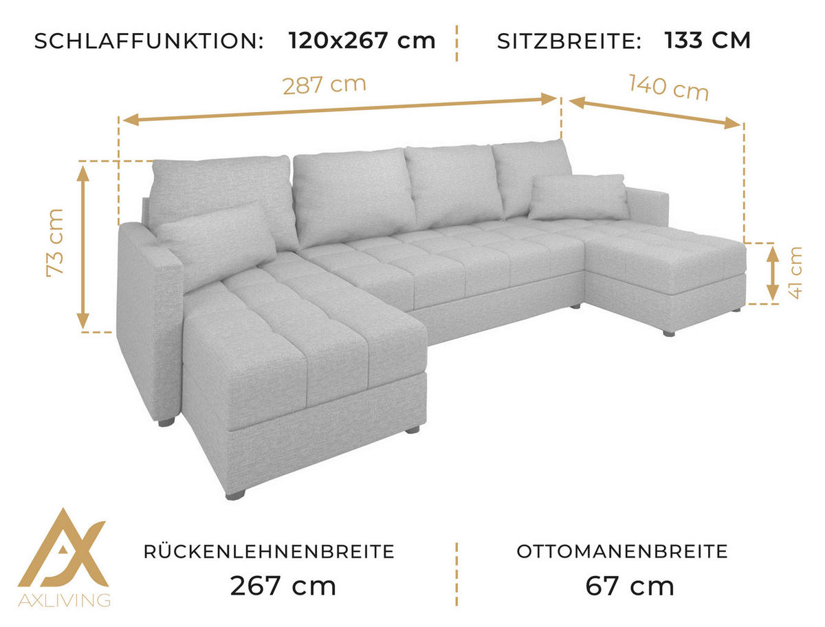 WOHNLANDSCHAFT Dolceo Grau 287/140/73 cm mit Schlaffunktion Bettkasten Design - Anthrazit/Schwarz, Kunststoff/Textil (287/73/140cm) - AX Living