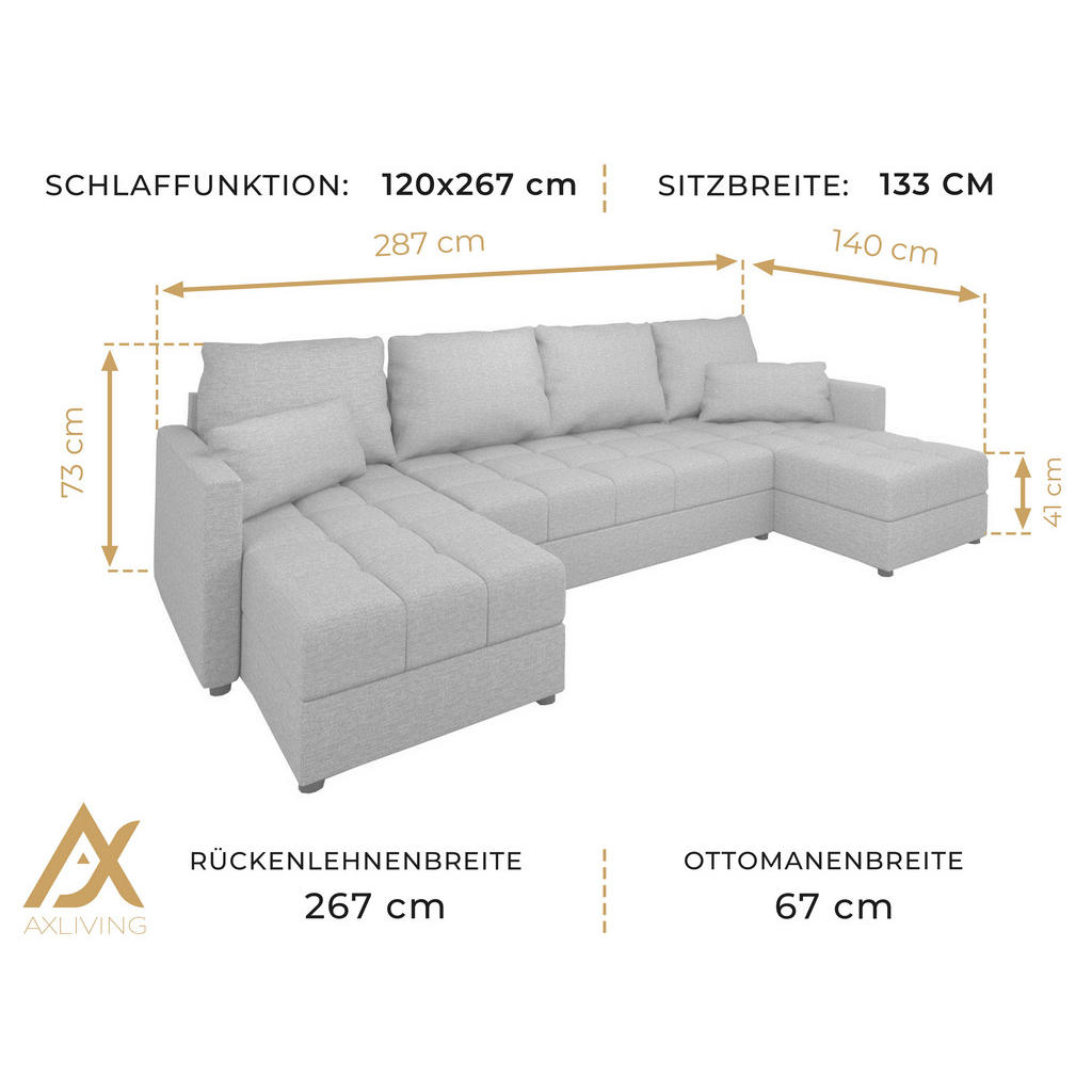 Thumbnail - AX Living Wohnlandschaft, Hellgrau, Textil, Teilmassiv,Kiefer, Uni, 7-Sitzer, Füllung: Polyurethan (Pur), U-Form,Rechtec...