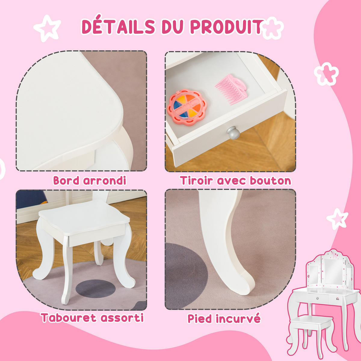 KINDERSCHMINKTISCH DE-18628 mit Triptychonspiegel & Schublade Weiß - Weiß, Holzwerkstoff (40/85.5/63cm) - ComfortXL