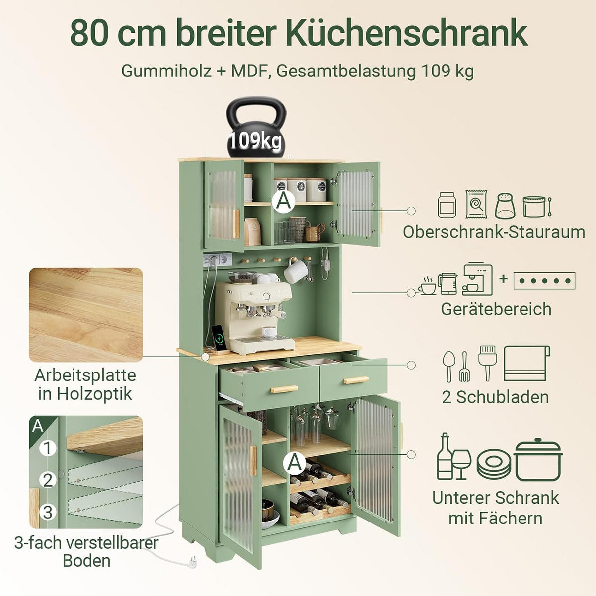 SIDEBOARD mit Weinregal und Glastüren, Küchenschrank Grün 80x40x180 cm - Grün, Glas/Holzwerkstoff (78/180/38cm) - SoBuy