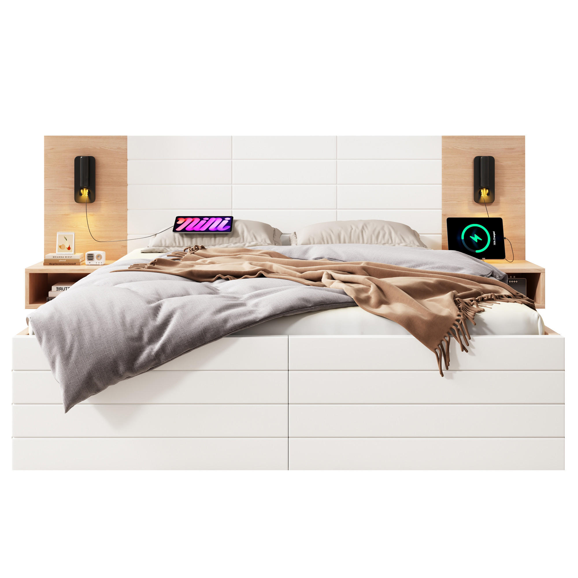 BETT mit USB und Leselicht 140x200 cm Weiß/Eiche mit 2 Nachttischen - Weiß, Holz (140/200cm) - Meubliv