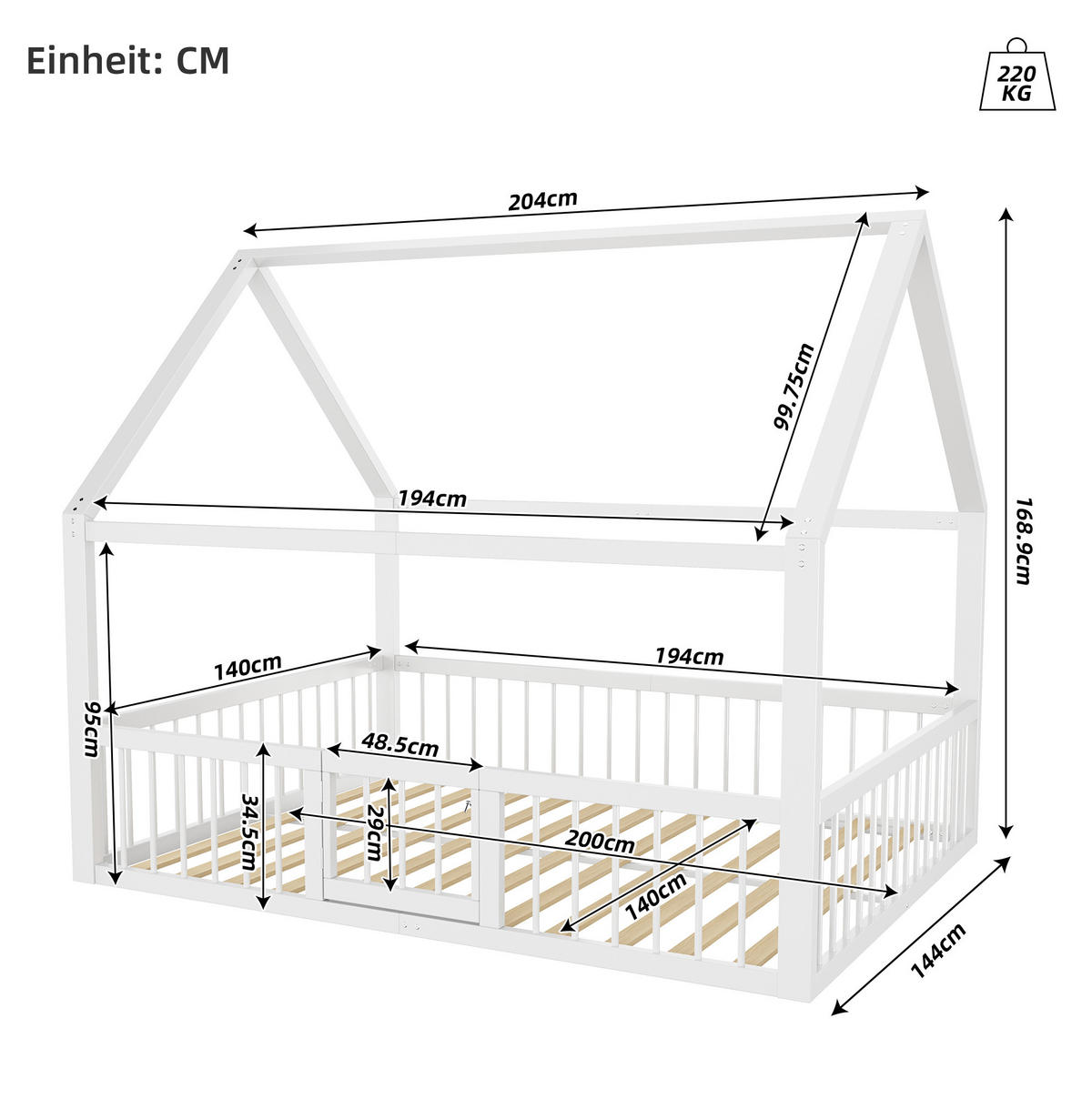 KINDERBETT 140/200 cm aus Metall mit Dachgestell und Sicherheitsgeländer, Weiß - Weiß, Metall (140/200cm) - Redom