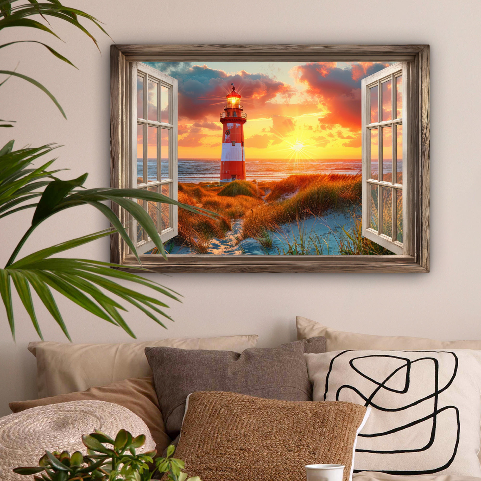 LEINWANDBILD Aussicht - Fenster - Leuchtturm - Sonnenuntergang - Strand Wandbilder 80x60 cm - Dunkelorange, Textil (80/60cm) - MuchoWow